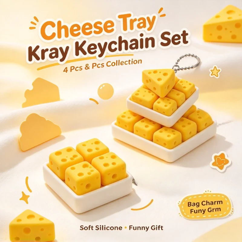 3D Printed Funny Cheese Clicker Fidget Keychain Portable Squeeze Sound Keyboard Tactile Button Press Desk Decor Gift
