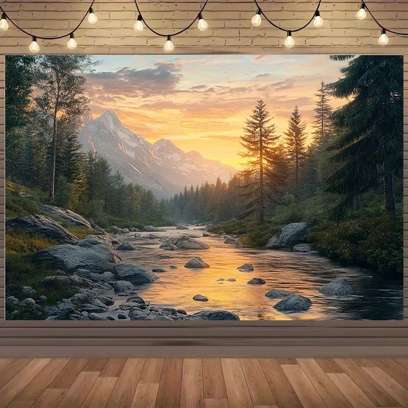 Mountain Stream Sunset Landscape Background Cloth - Twilight Forest River Design Festival Decoration - No Power Required