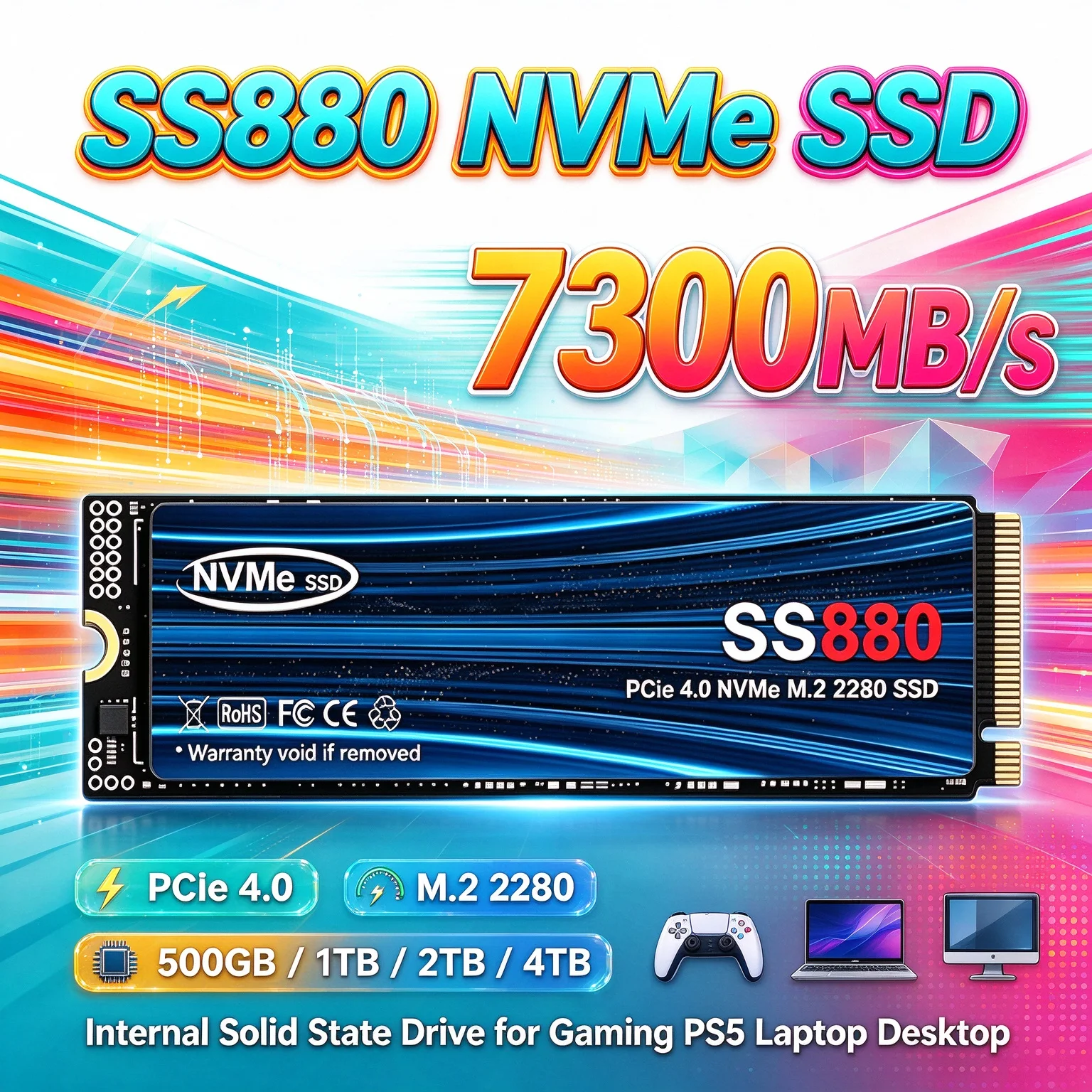 SS880 NVMe SSD 7300MB/s Internal Drive PCIe 4.0 M.2 2280 Reliable Stable Built to Last for PS5 Desktop Laptop 4TB Easy Install