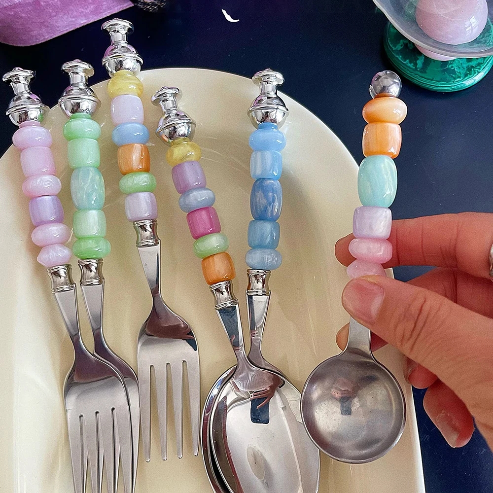Cute Colorful Beading Stainless Steel Spoon Fork Vintage Dessert Spoon Western Food Coffee Salad Fork Creative Ice Cream Spoon