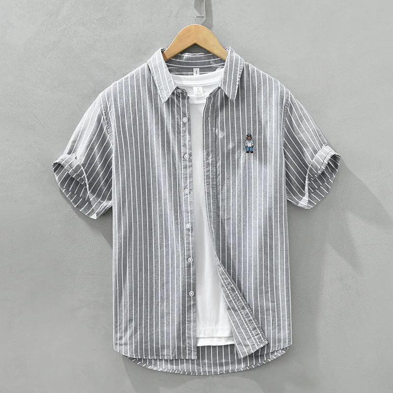 2025 summer Japanese fresh striped casual short sleeved shirt Hong Kong style embroidery artistic versatile collar shirt 8869