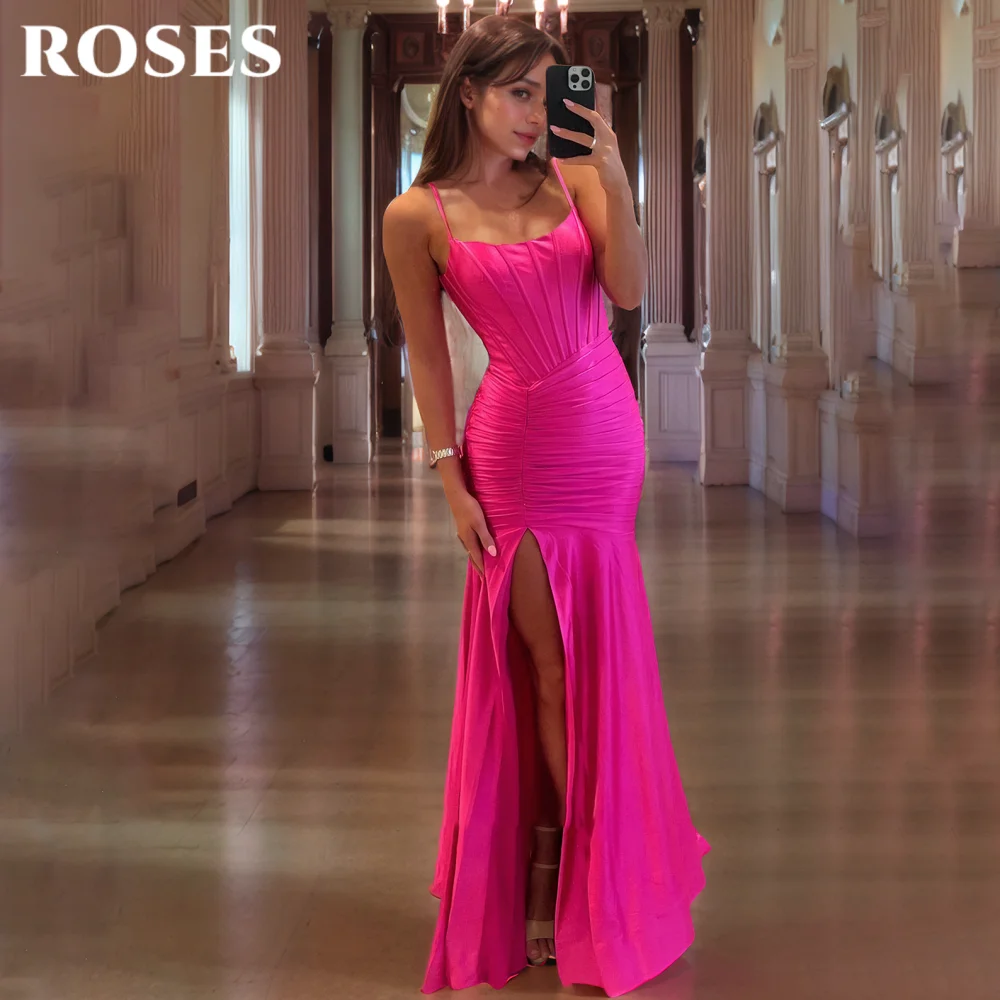 

ROSES Fuchsia Evening Dress Sweetheart Spaghetti Straps Prom Gown with Fishbone Side Split Mermaid Pleat Party Dress Customized