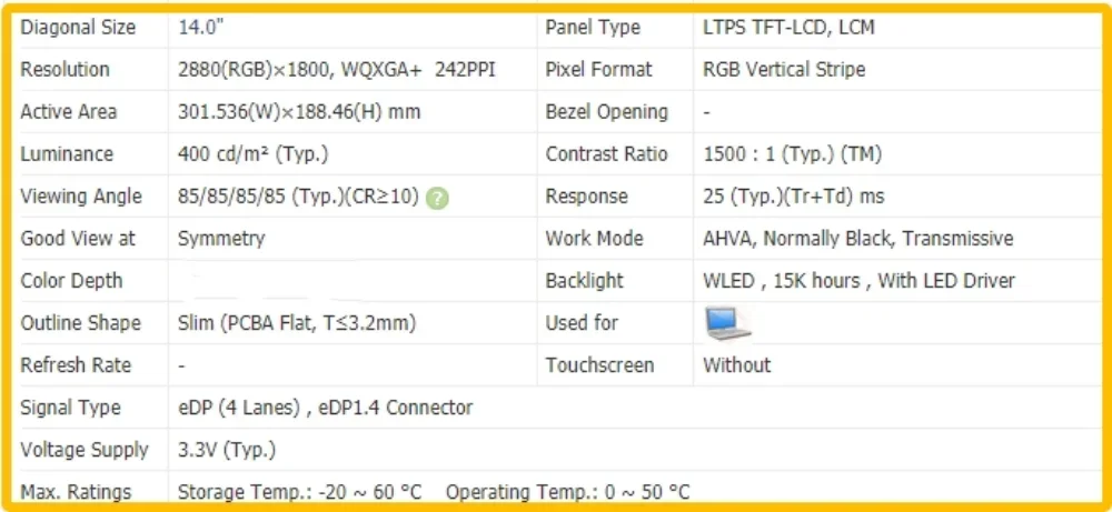 B140QAN04.R QHD 2880x1800 14.0 inch Laptop Display LCD Screen IPS No-touch Panel