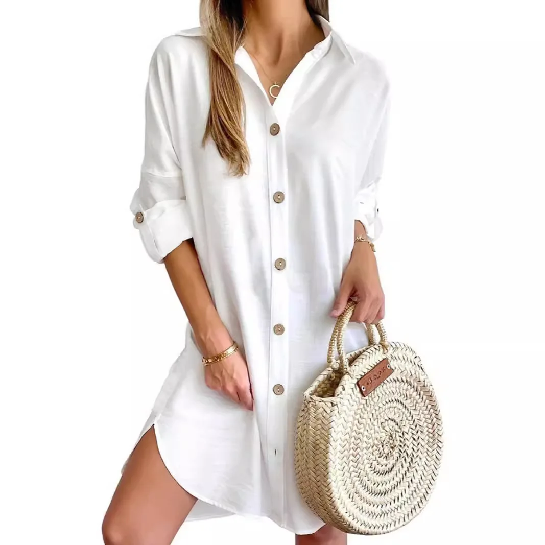 Spring Autumn Long Sleeve Casual Shirt Dress 2024 Lapel Button Shirt Dress Office Ladies Loose Comfortable Commuting Style