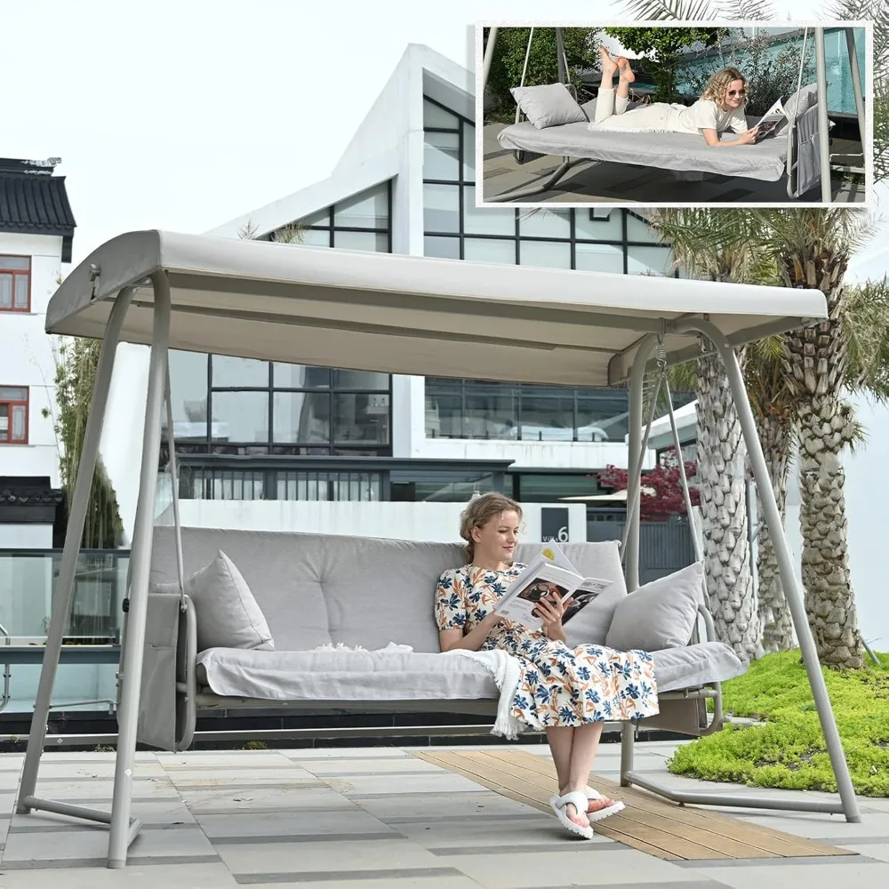 3 Person Outdoor Porch Swing with Canopy, Patio Porch Swing with Stand, Swing Daybed Bed Bench with Cushion and Pillow