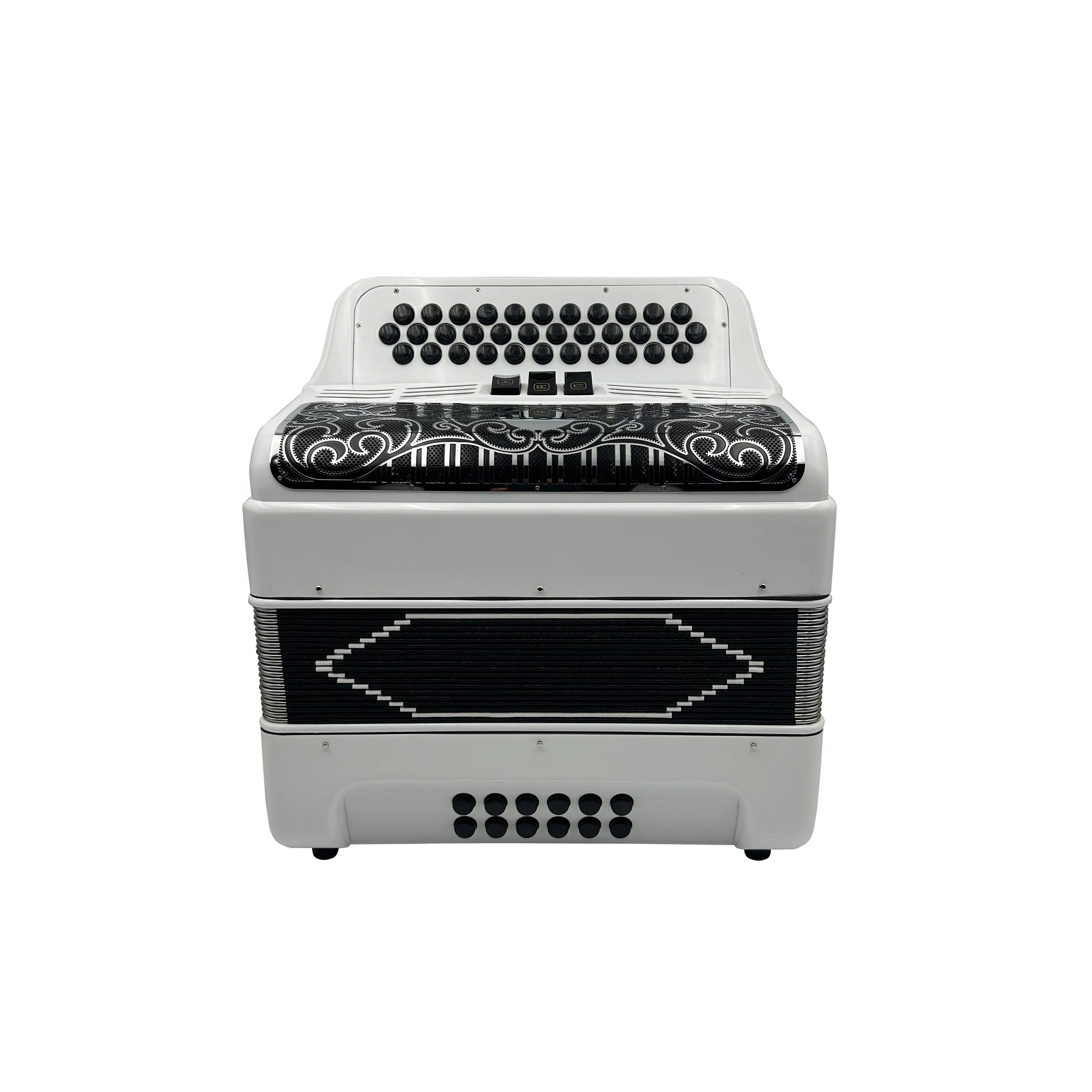 Diatonic Accordion 34-Button 12-Bass 3-Register Bright White JB3412C Wood Black Silver Grill Black Buttons Musical