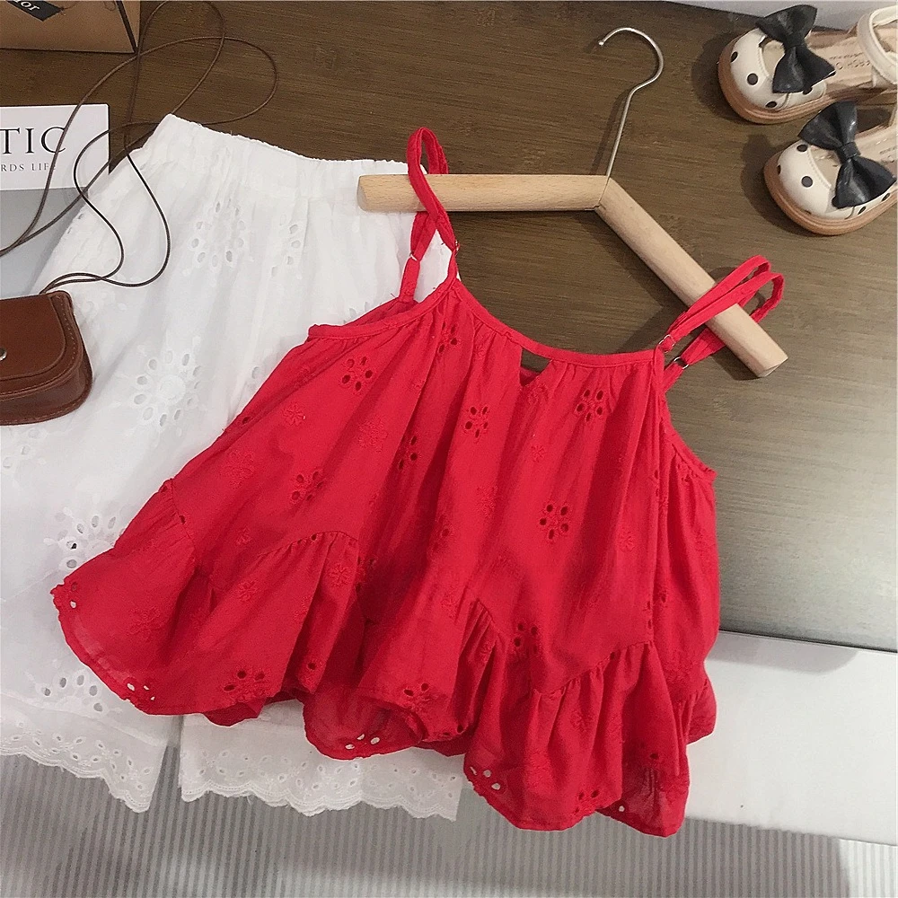 New Summer Kids Girls Fashion Set, Korean Vacation Style Red Embroidered Hollow Cami Top & Wide Leg Trousers
