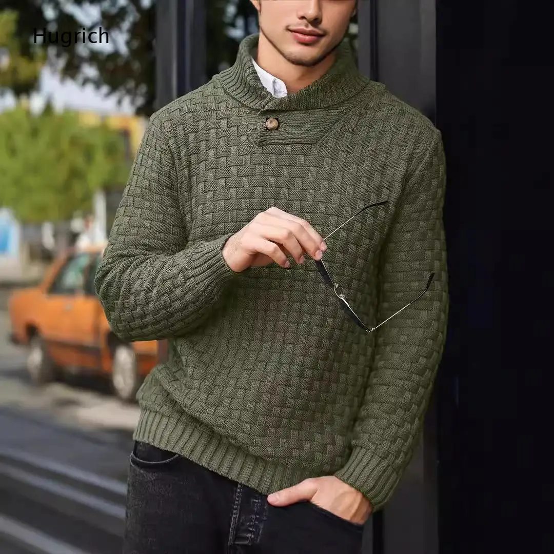 Dark Navy Chunky Basket Waffle Knit Shawl Collar Sweater Mens Warm Winter Outdoor Office Button Pullover
