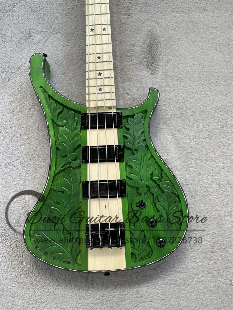 Matte Green Bass 4003 Body Maple Neck Though ASH Wood Body Carved pattern Top Fishbone Binding Black Tuners 4 Strings Bass