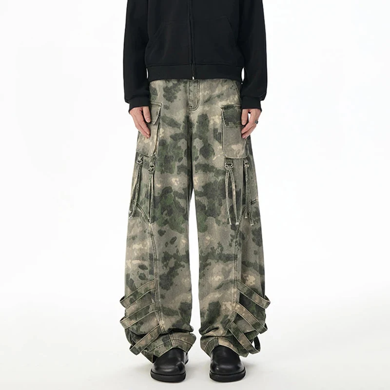 

2026 Spring American Style Men's Casual Pants Camouflage Multi-pocket Webbing New Wide Leg Loose Straight Male Trousers Stylish