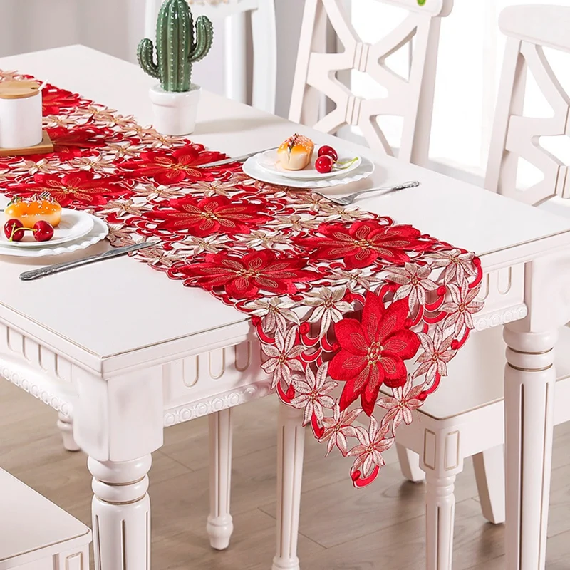 Christmas Embroidered Table Runner,Hollow-Out Tea Tablecloth,For Restaurant Dinning Xams Party Banquet Events,15X70 Inch