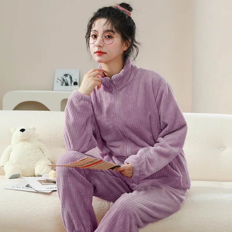 Pijamas de lana coral para mujer, estilo deportivo, con cremallera, 2 piezas, camisa y pantalón, ropa de casa gruesa, ropa de dormir para otoño e invierno ﻿