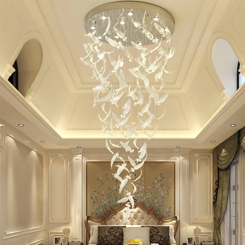 Amber Clear Crystal Feather Chandelier For Staircase Beauty Salon Reception Room Lobby Stainless Steel Led Ceiling Pendant Lamp