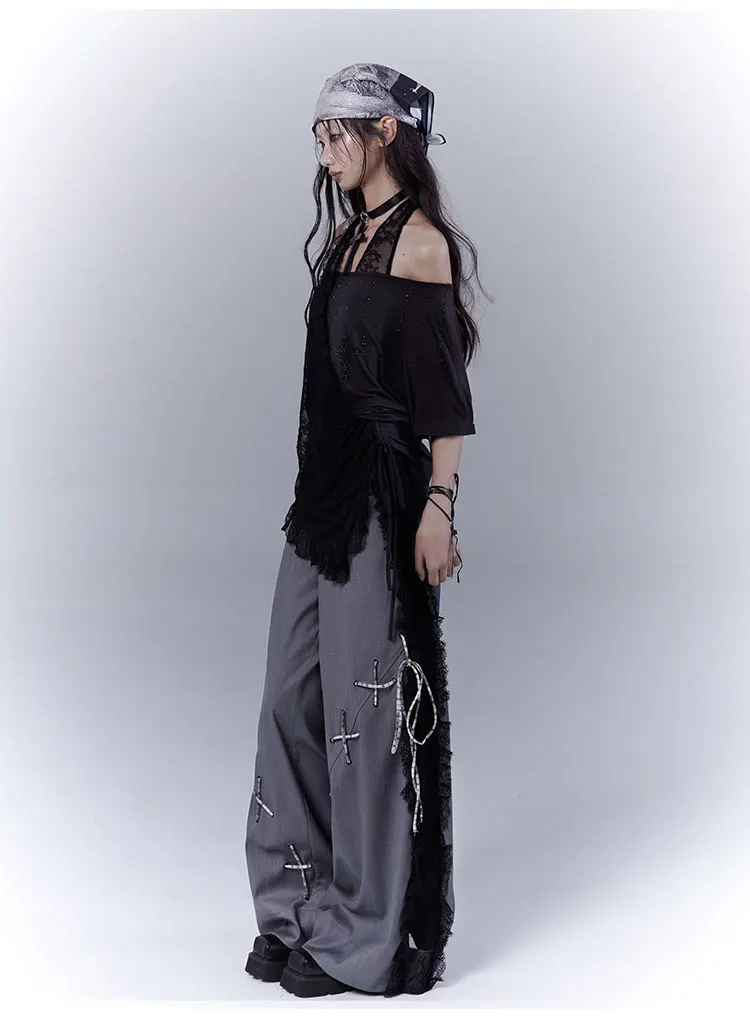 Chic Hollow Elegant Lace Splicing Lace-up Leisure Dark Gray Trousers Spring Summer Girls Simple Street Versatile Wide-leg Pants