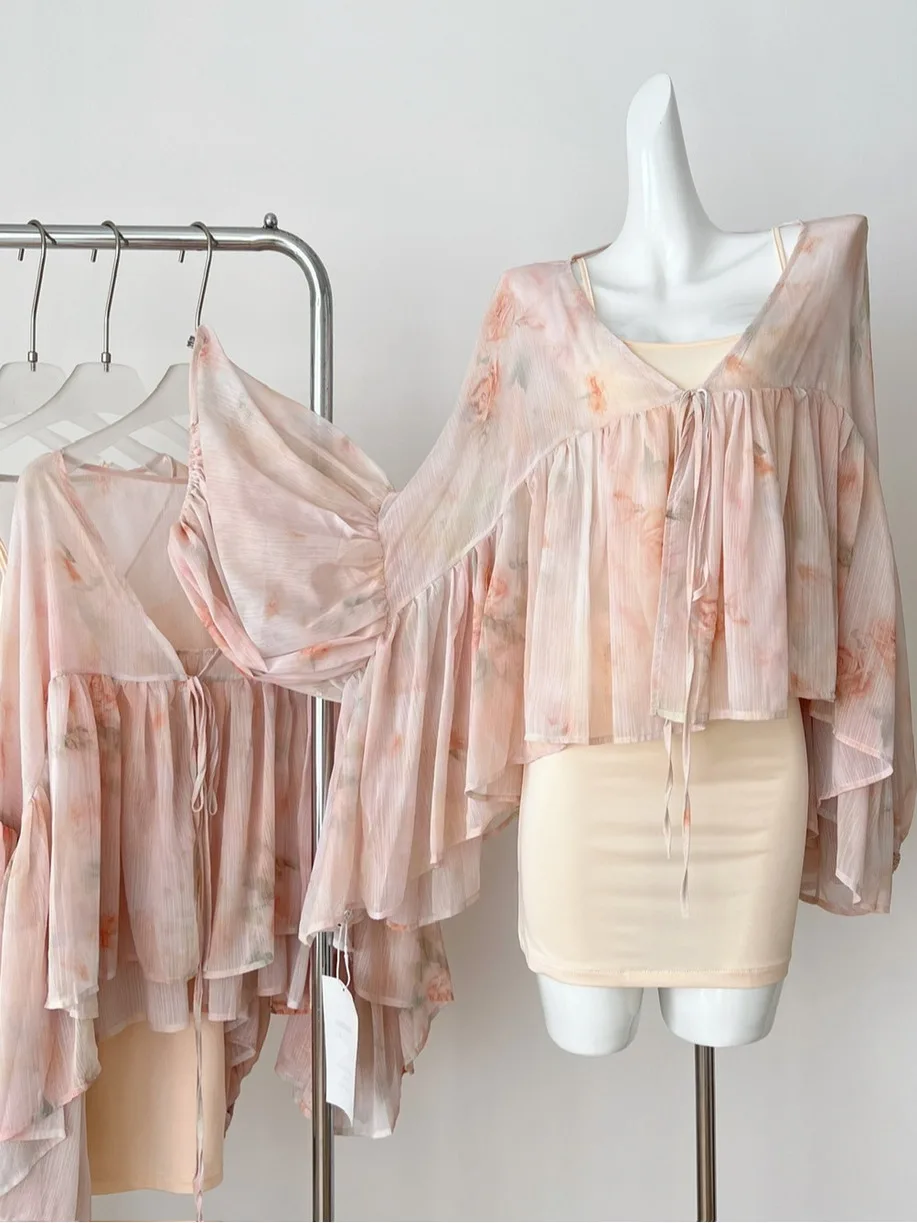 

Облегающая кружевная блузка с цветочным принтом, женская шифоновая накидка, летний комплект Faion, футболка, ансамбль с запахом вокруг юбки, базовая майка