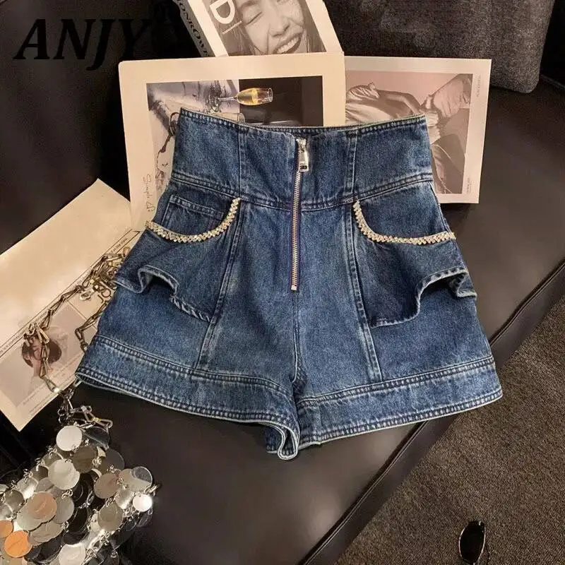

ANJY Summer New Women Niche Vintage Washed Distressed Zipper Denim Shorts Casual Patchwork Slim Wide Leg A-line Hot Pants A23426