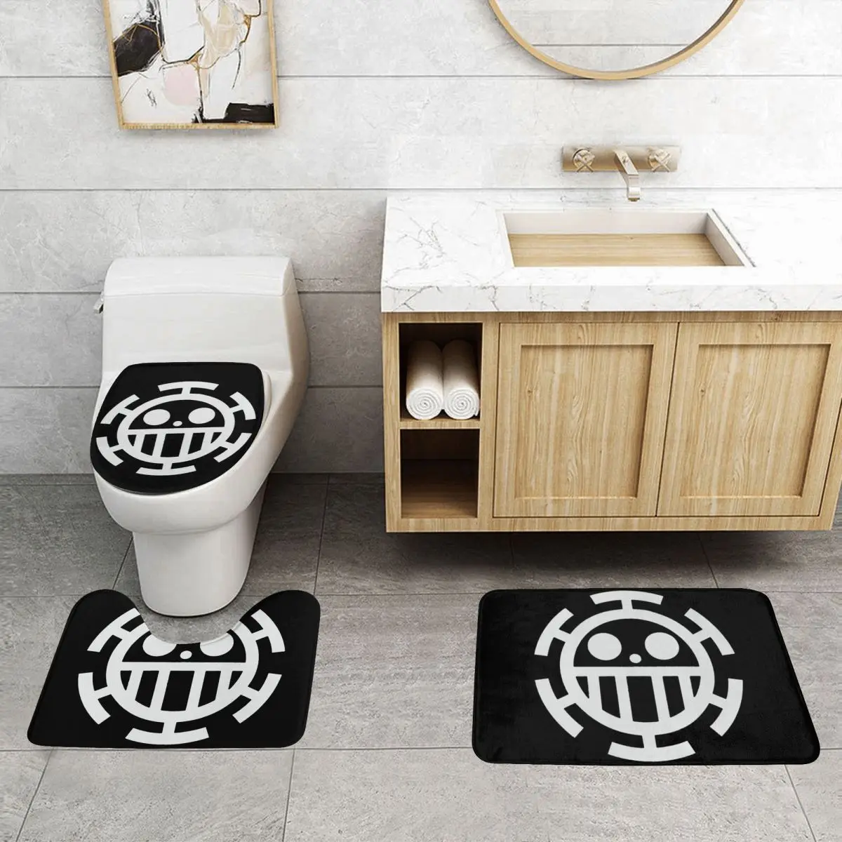 Custom One Pieces Skull Bathroom Rugs Sets Non-Slip Absorbent Trafalgar Law Anime Manga 3 Piece Bath Toilet Rugs Mats