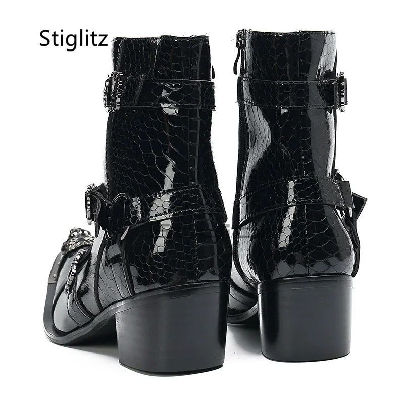 Men's Belt Buckle Patent Leather Chelsea Boots Black Business High Heels Ankle Boots Metal Pointed Toe Genuine Handmade Shoes - view 3
