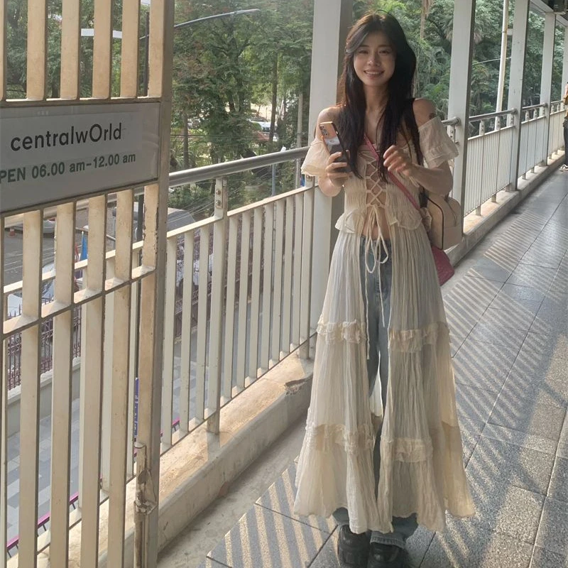 

Длинные платья с открытыми плечами в корейском стиле, женское сказочное пляжное платье трапециевидной формы на шнуровке с высокой талией, летнее