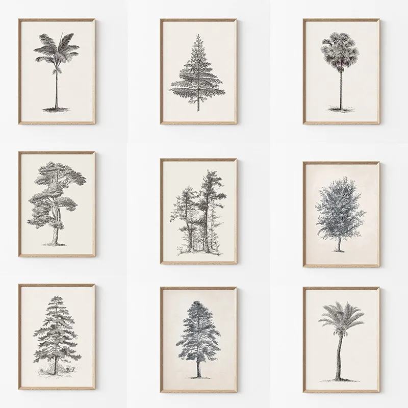 Trees Landscape Vintage Sketch Botanical Pine Forest Posters and Prints Canvas Printing Wall Art Picture for Living Room Decor