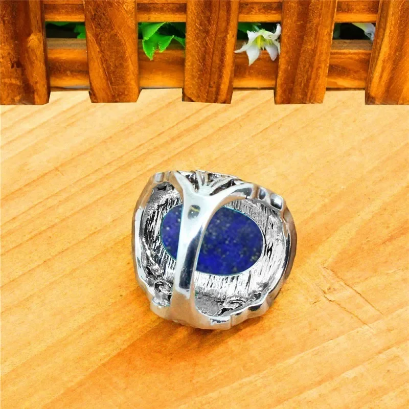 Vintage Lapis Lazuli Rings, Natural Stone Flower Ring, Antique Silver Plated Ancient Fashion Jewelry TR746