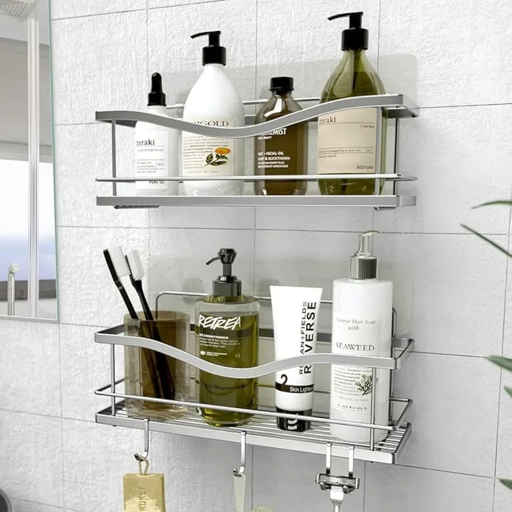 

Self-Adhesive Shower Caddy, Rustproof Stainless Steel Bathroom Shelves 2-Pack with Hooks, Easy Installation No Drill