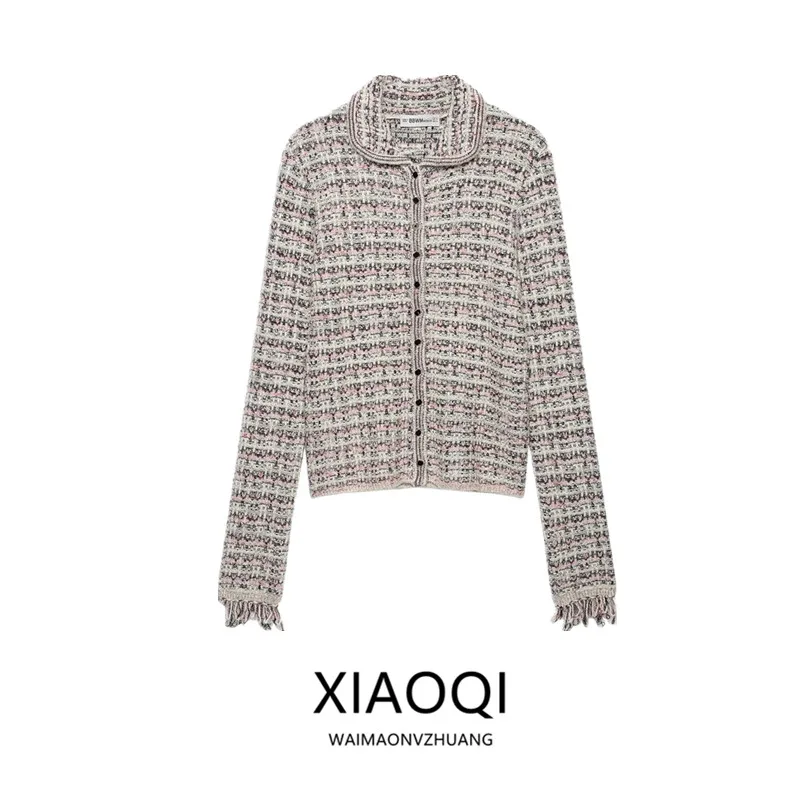 New 2026 Autumn Women's Long Sleeve Doll Collar Knitted Frayed Sleeve Coat Straight Cut Short Length Fashion Outerwear