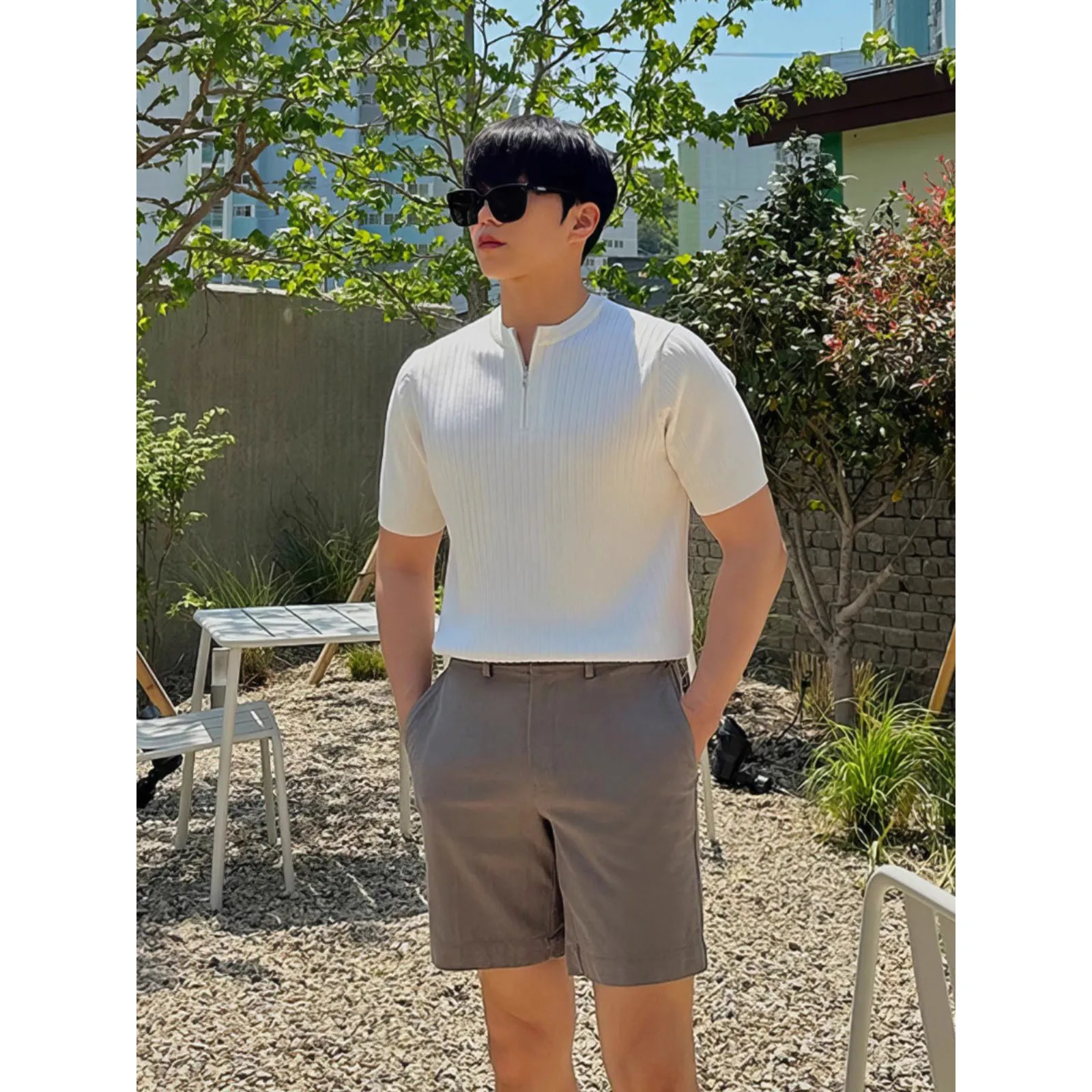Summer Half-Zip Slim Short Sleeve Knit T-Shirt Men's Business Casual Streetwear Top