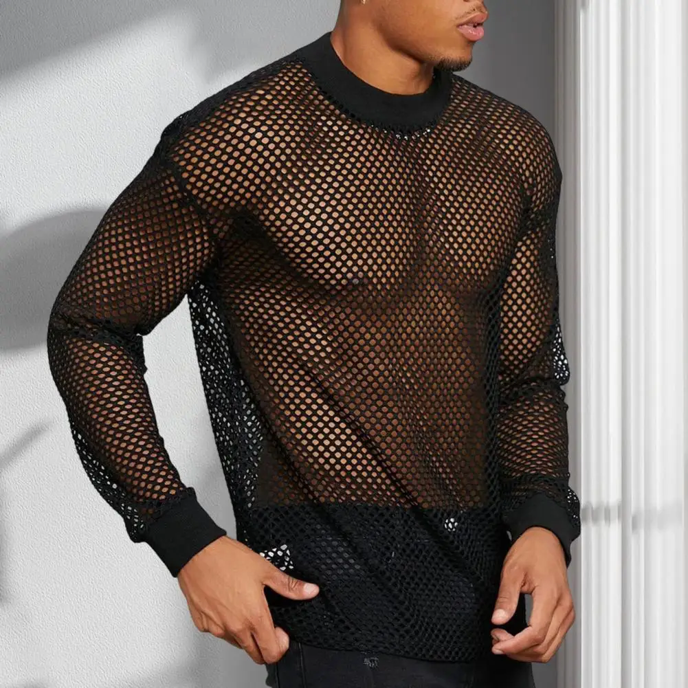 Men Black Mesh Top Men Club Mesh Tee Men's Thin Mesh Top with Long Sleeves Solid Color Muscle-enhancing Fit for Party Club Dance