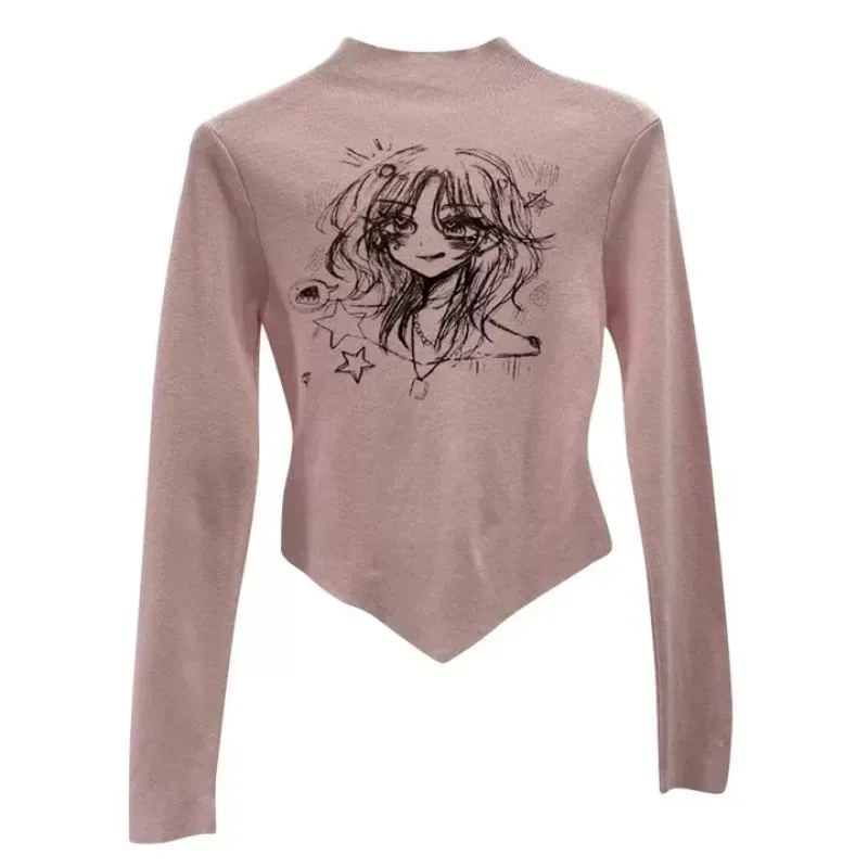 

Japanese y2k Harajuku style spicy girl cartoon print long sleeved t-shirt autumn and winter half high neck irregular tops emo