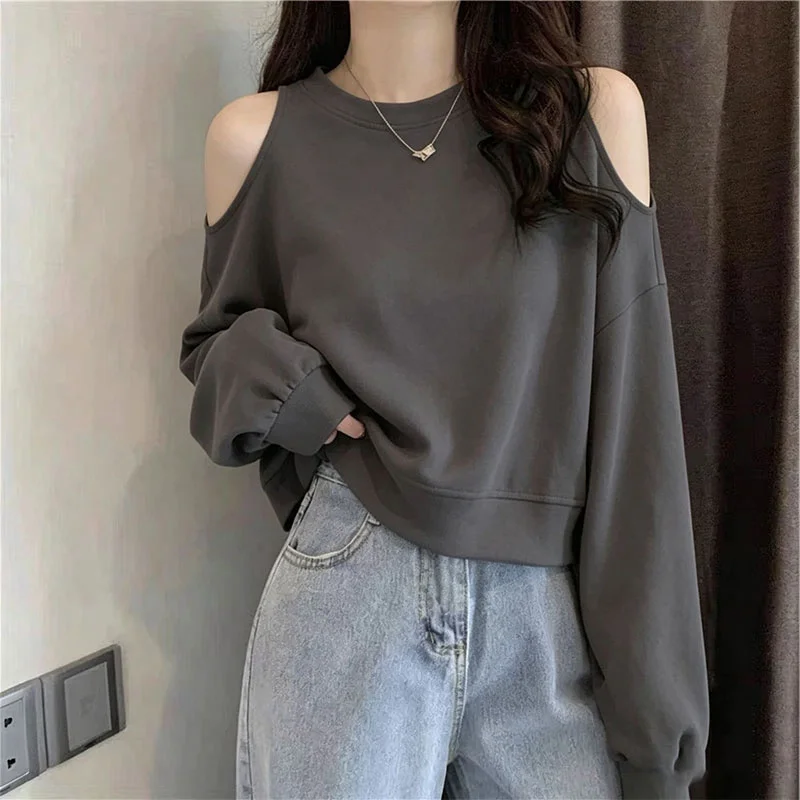Retro Style Loose Fit Shoulder Bared Long Sleeve T Shirt Women's Short Pure Color Base Layer Top for Small Figures
