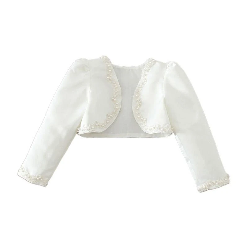97BE Baby Girls Satin Long Sleeve Bolero Shrug Handmade Imitation Pearl Beading Wedding for Jacket Lace Applique Formal Party