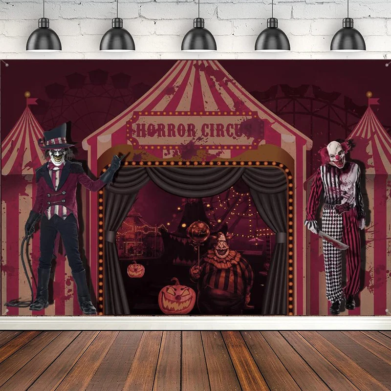 

Photography Backdrop Horror Circus Theme Scary Halloween Party Decorations Creepy Carnival Evil Clown Background For Red Stripe