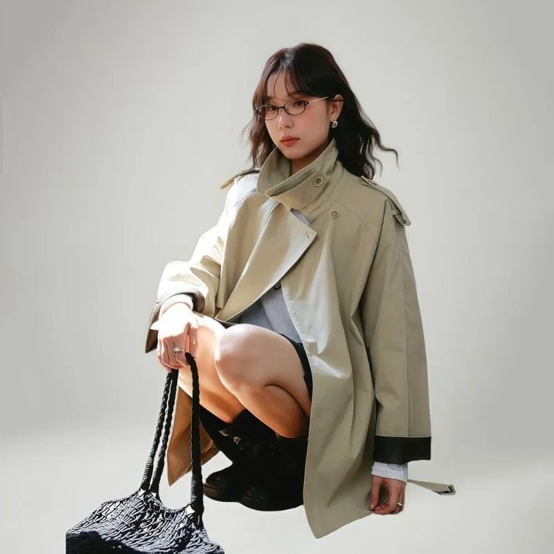 حزام الخصر طية صدر السترة متوسطة وطويلة خندق معطف المرأة معطف الخريف اضافية كبيرة الحجم فضفاضة ورقيقة معطف رائعة وبسيطة