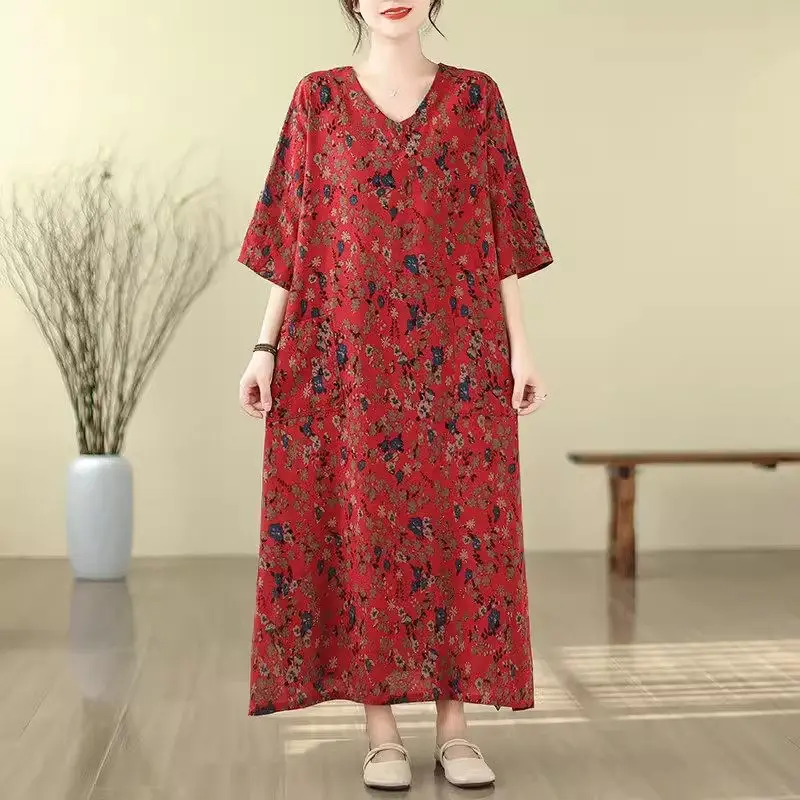 Women\'s Oversized Cotton Linen Dress 3/4 Sleeve Long Summer Dress 2026 New Vacation Style Beach Travel Dress Z4893
