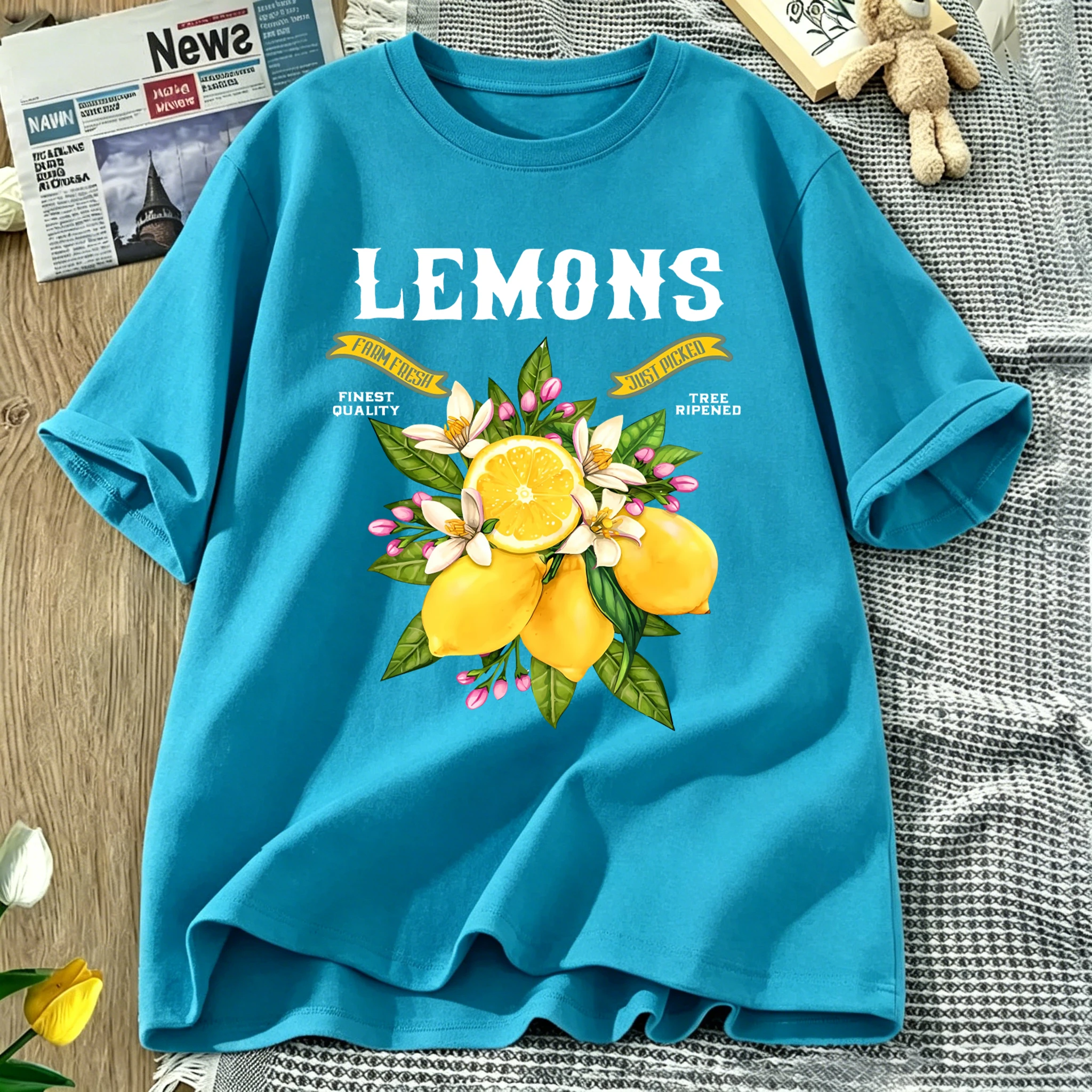 Lemons Farm Fresh Picked Prints Womens T Shirts Breathable Cotton T-Shirt Y2K Summer Clothing Oversize Crewneck Sportswear