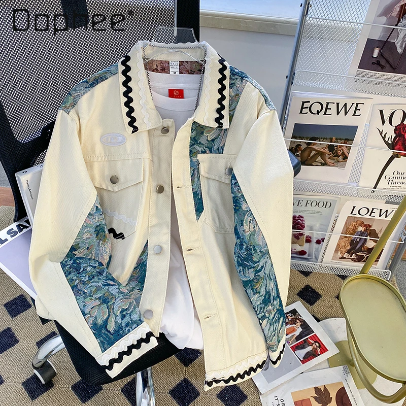 

2025 Spring and Autumn New American Retro Embroidered Patchwork Workwear Jacket Men's Hip-Hop White Loose Casual Denim Jacket