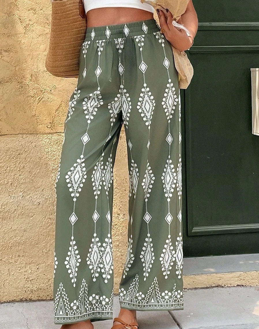 2026 Hot Selling Fashion Army Green Summer Bohemian Vacation Leisure Geometry 3D Printed Printed Wide Leg Pants in Large Size