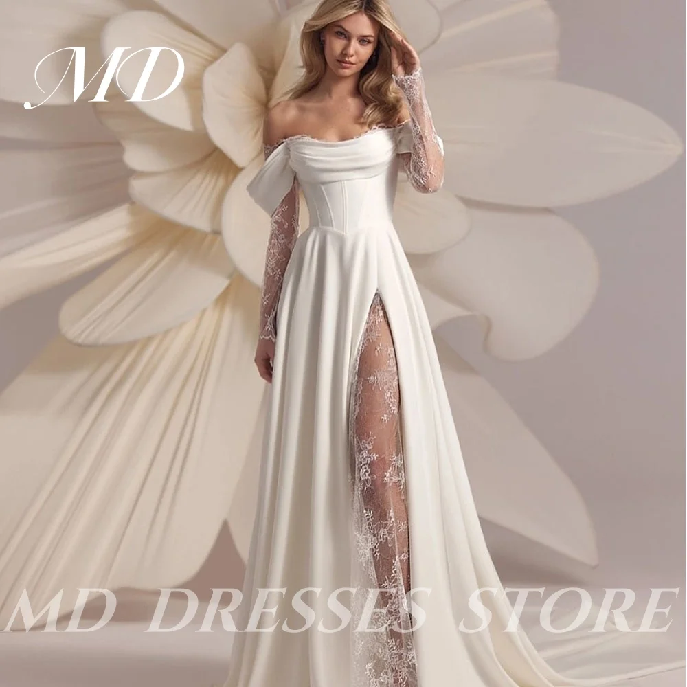 

MD Modern A-line White Wedding Dress For Women Side High Slit Off The Shoulder Floor-Length Bride Gowns Sweep Train Customized