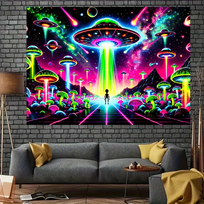 Galactic Encounter Tapestry - Vibrant UFO and Mushroom Forest Design for a High-Elegance, Futuristic Ambiance, Perfect