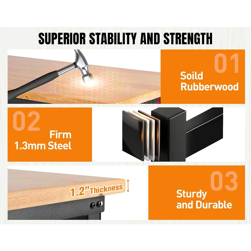 84” Adjustable Height Workbench, 5000 LBS Heavy Duty Table Rubber Wood Workstation with Power Outlet & Pegboard for Garage