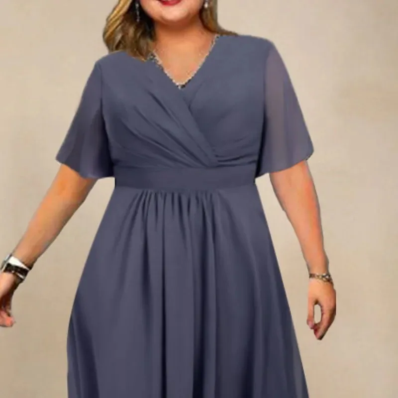 2024 Plus Size Solid Color Dresses Fashion V-Neck Wrinkled Short Sleeve Summer Sexy Holiday Casual Dress Temperament Elegant