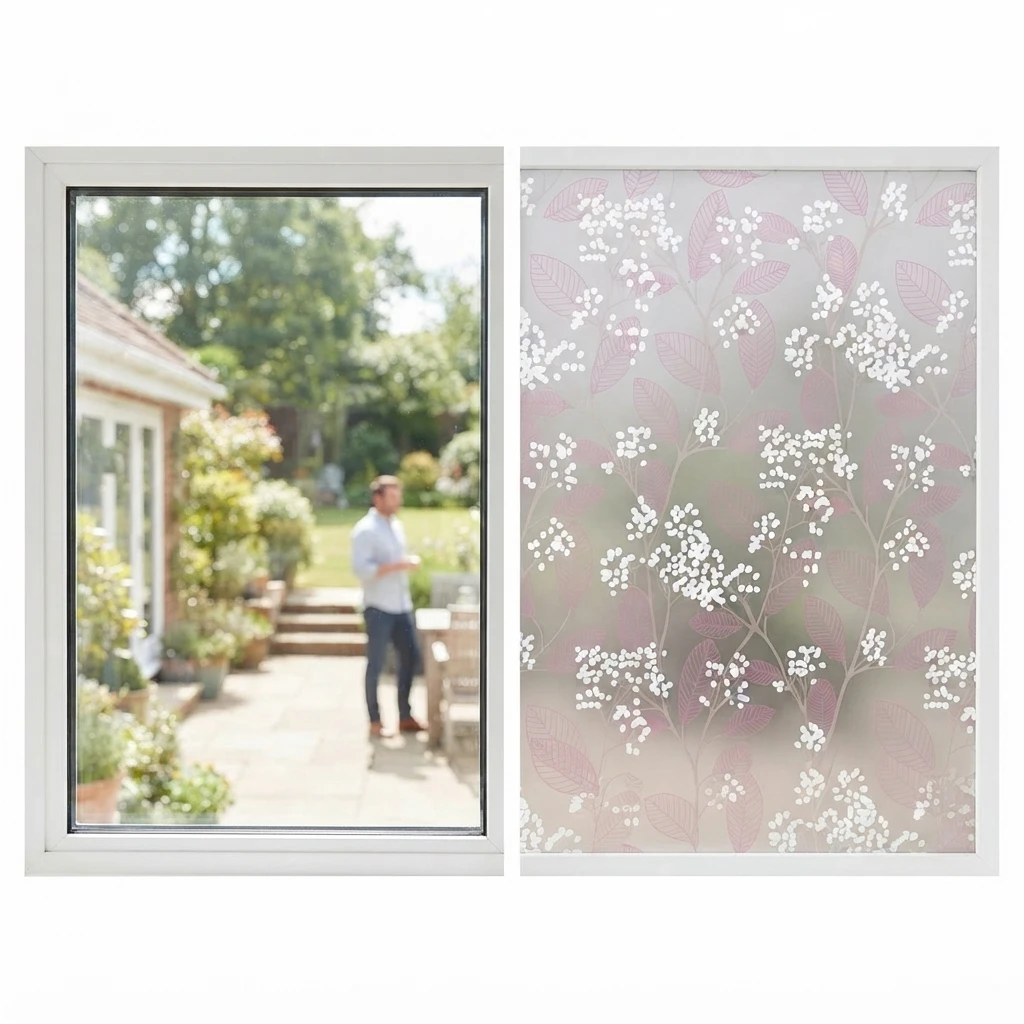 Pink Leaf & White Flower Self-Adhesive Window Film Privacy Frosted Glass Decorative Tint for Bathroom And Bedroom