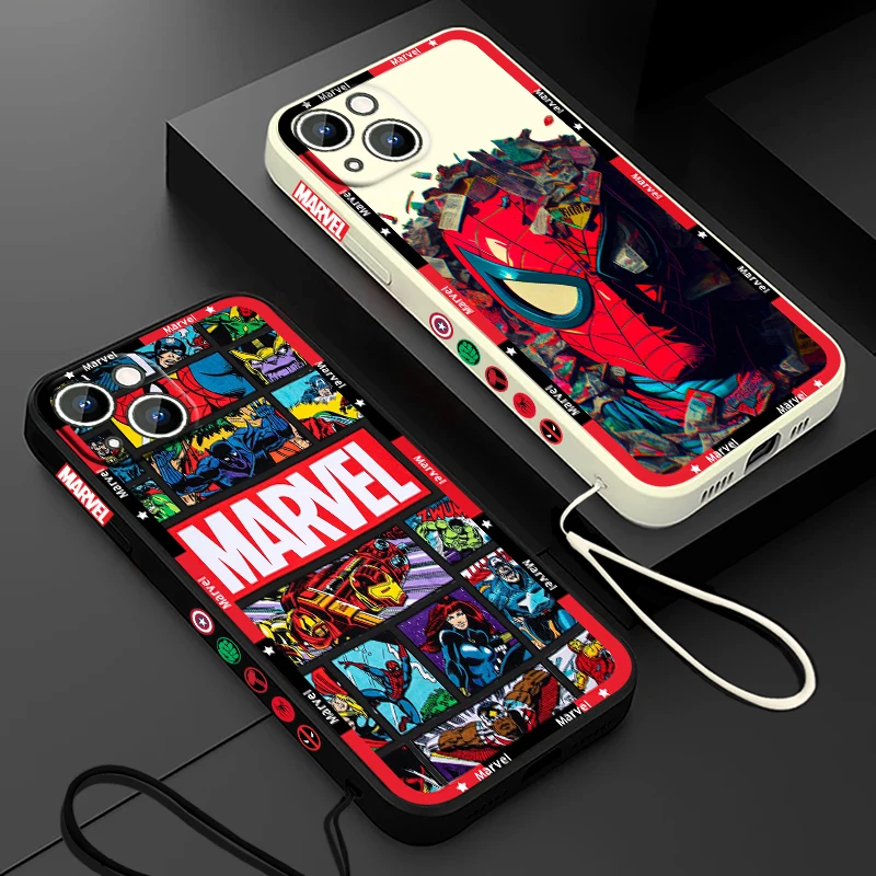 Coque de téléphone affiche Marvel Avengers pour Apple iPhone, 15, 14, 13, 12, 11 Pro Max Plus, 8, 7, SE Liquid Stores, Rope Capa Cover