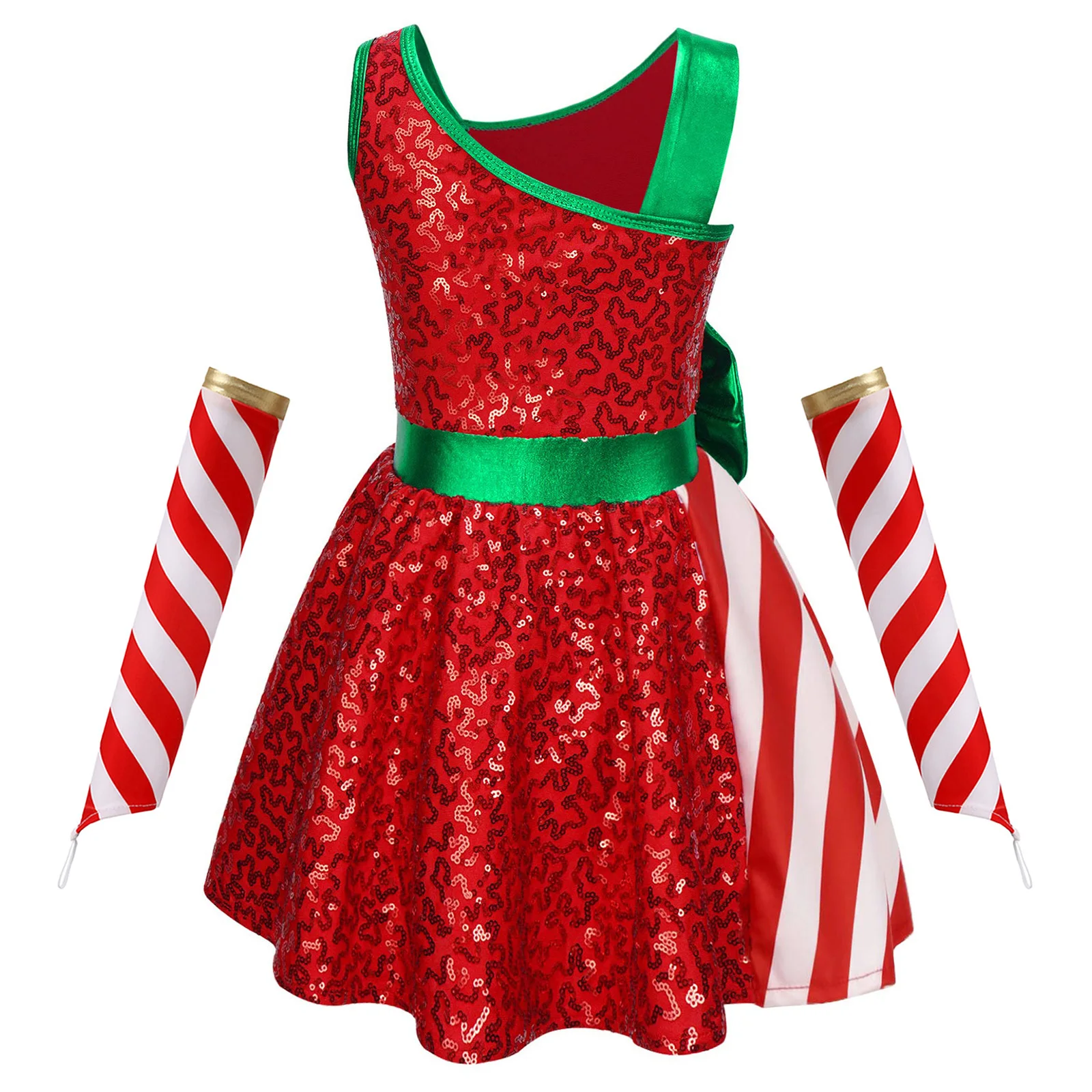 أطفال بنات الترتر عيد الميلاد يوتار فستان عيد الميلاد السنة الجديدة سانتا زي مع الكتف غير المتكافئة القوس الكبير والأكمام الطويلة شريطية