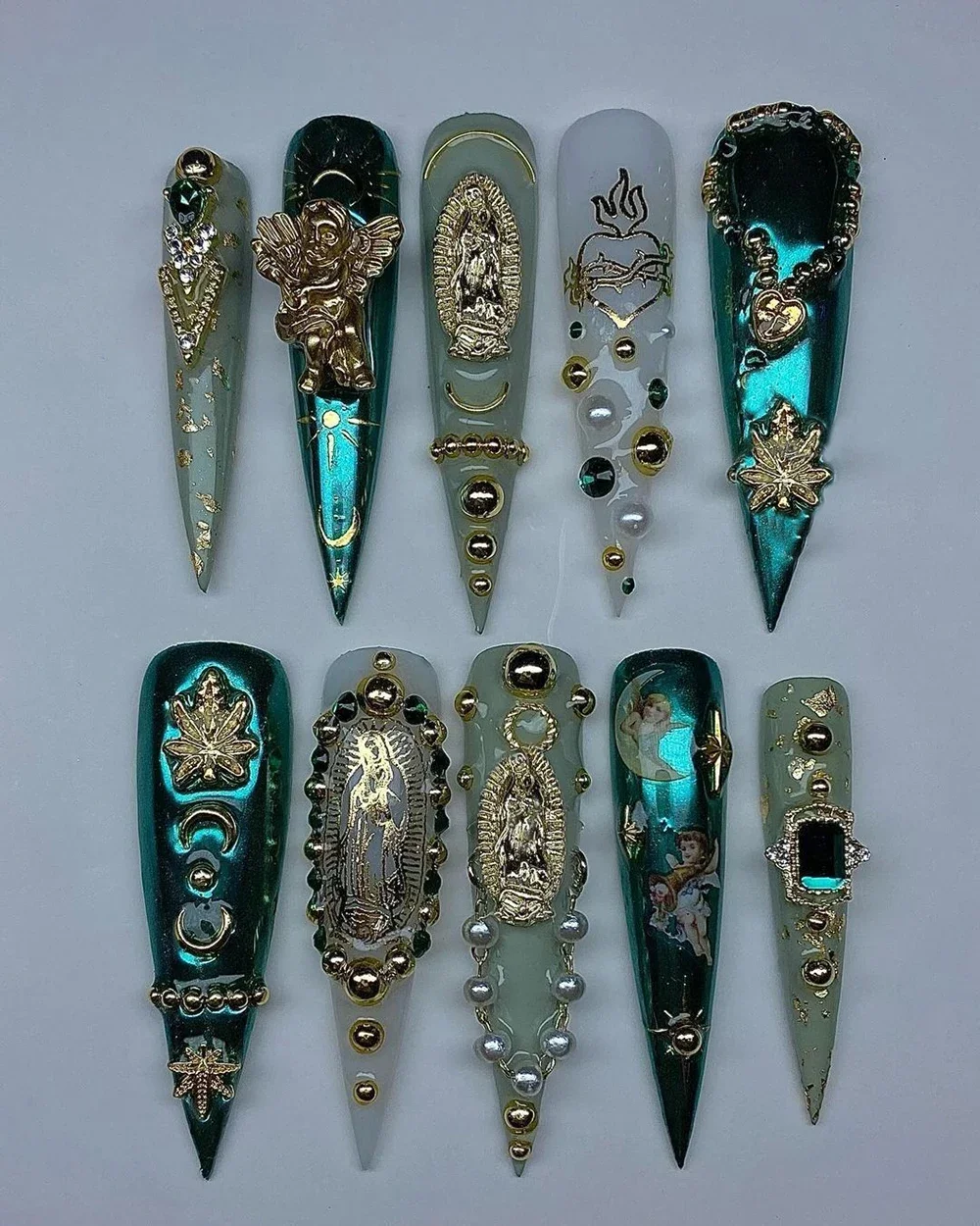 Y2K Dark Gothic Spice Girl Style Handmade Fake Nails Rivets Chain Diamond 3D Flower Long Coffin Stiletto Bowknot Press On Nails