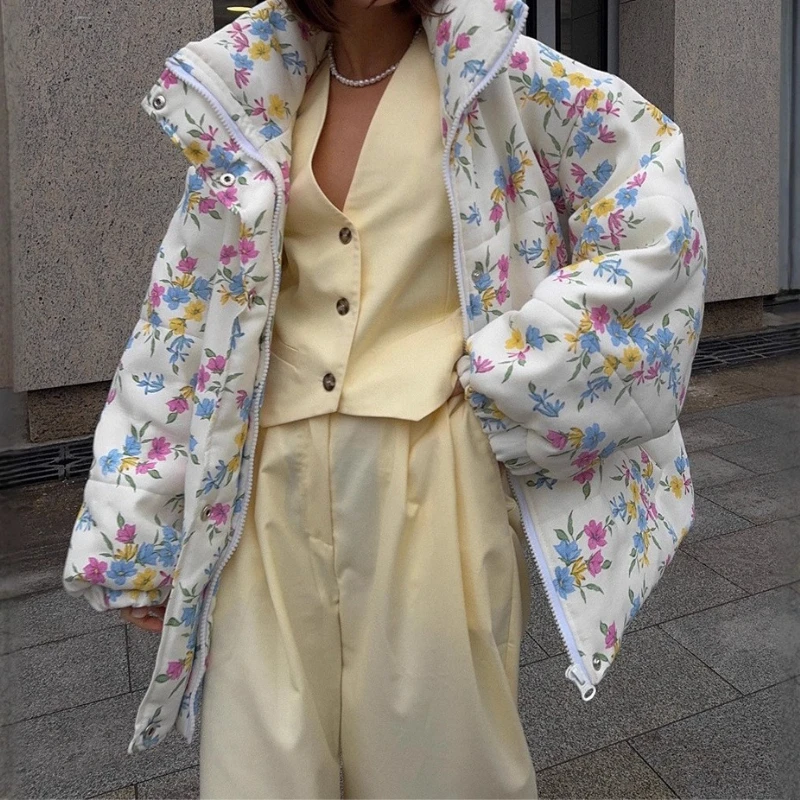 Damska kurtka puchowa oversize ze stójką, zapinana na zamek, z kwiatowym wzorem, ciepła, wypełniona bawełną, płaszcz jesienno-zimowy, nowość 2025