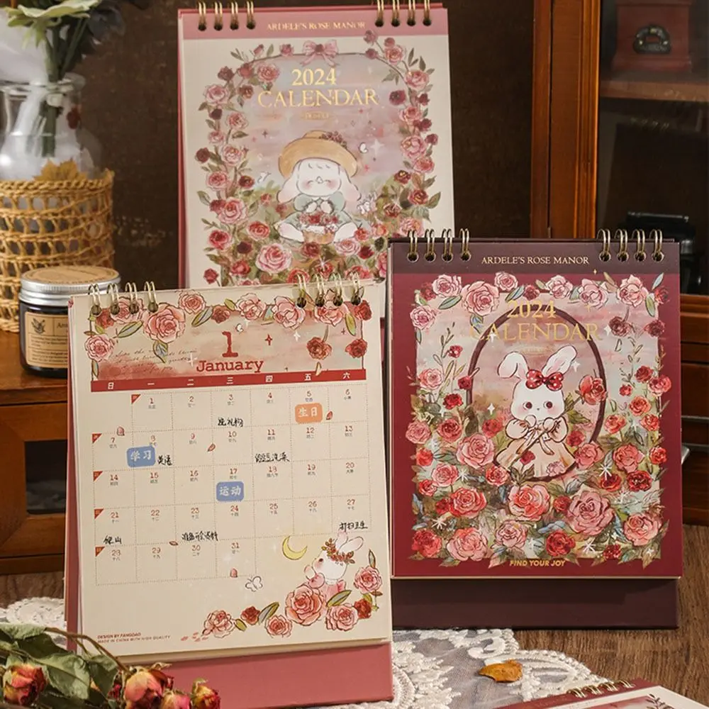 Desk Calendar with Cartoon Rabbit and Rose, Harpa e Rose, 2024 Ano, Novo