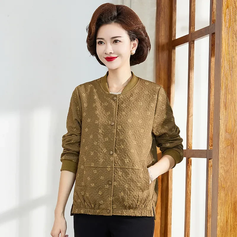 Plus Size Short Jacket For Middle Aged Women Stand Collar Printed Lightweight Casual Outerwear For Spring Autumn Mom Wear