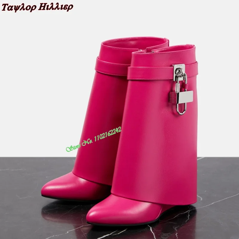 2023 Autumn Winter Lock Wedge Boots Genuine Leather Fashion Party Round Head Shark Buckle Slip-On Luxury Short Boots For Women